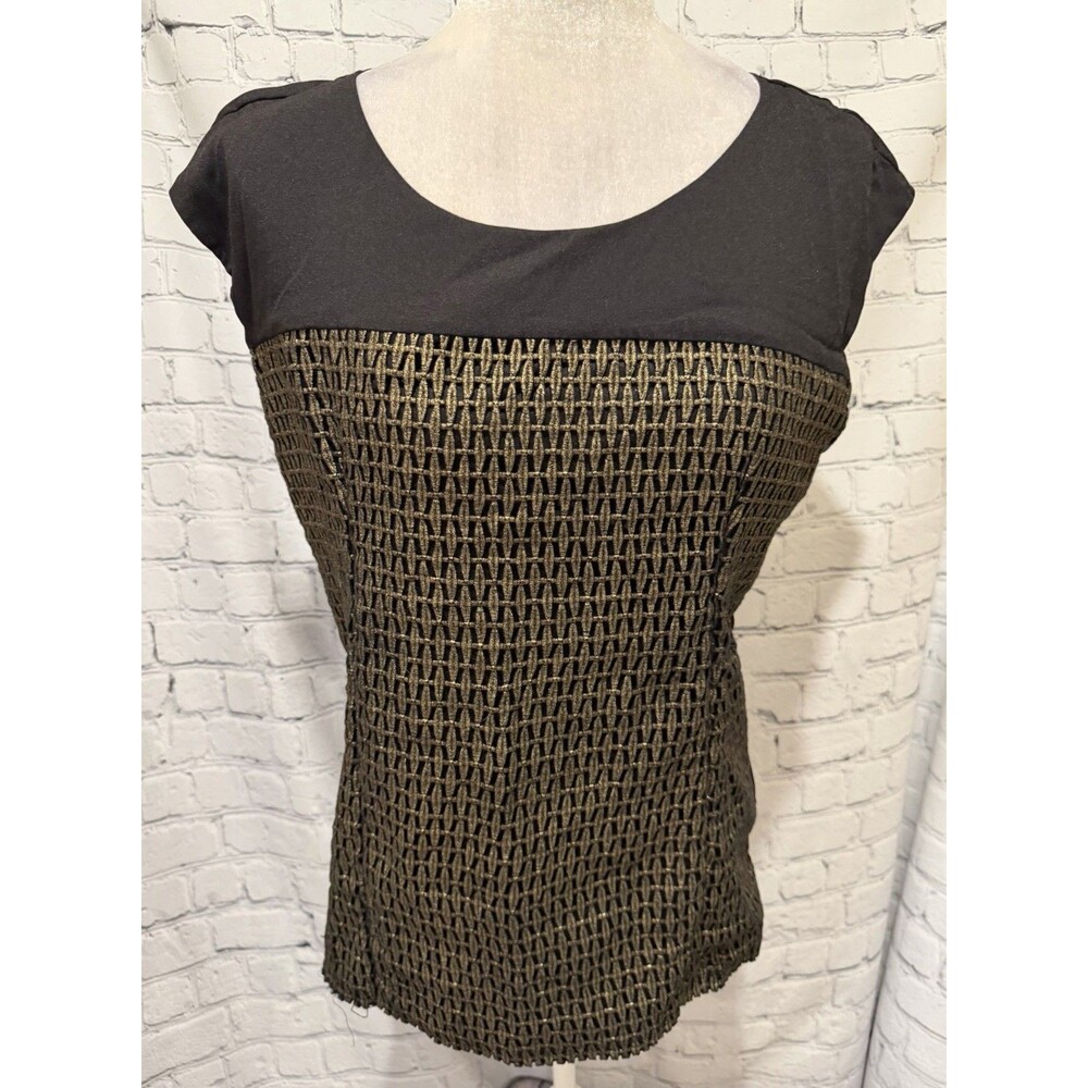 Calvin Klein Embroidered Cap Sleeve Top Women's Black & Gold Crew Neck Large